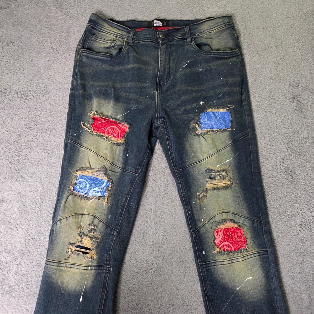 Encrypted Mens 38x32 Distressed Jeans Dark Wash Bandana Patch Moto Splatter